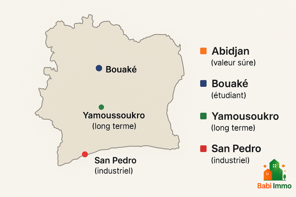 Carte des villes où investir en Côte d’Ivoire en 2025 - Infographie illustrant les opportunités immobilières à Abidjan, Bouaké, Yamoussoukro et San Pedro en 2025.