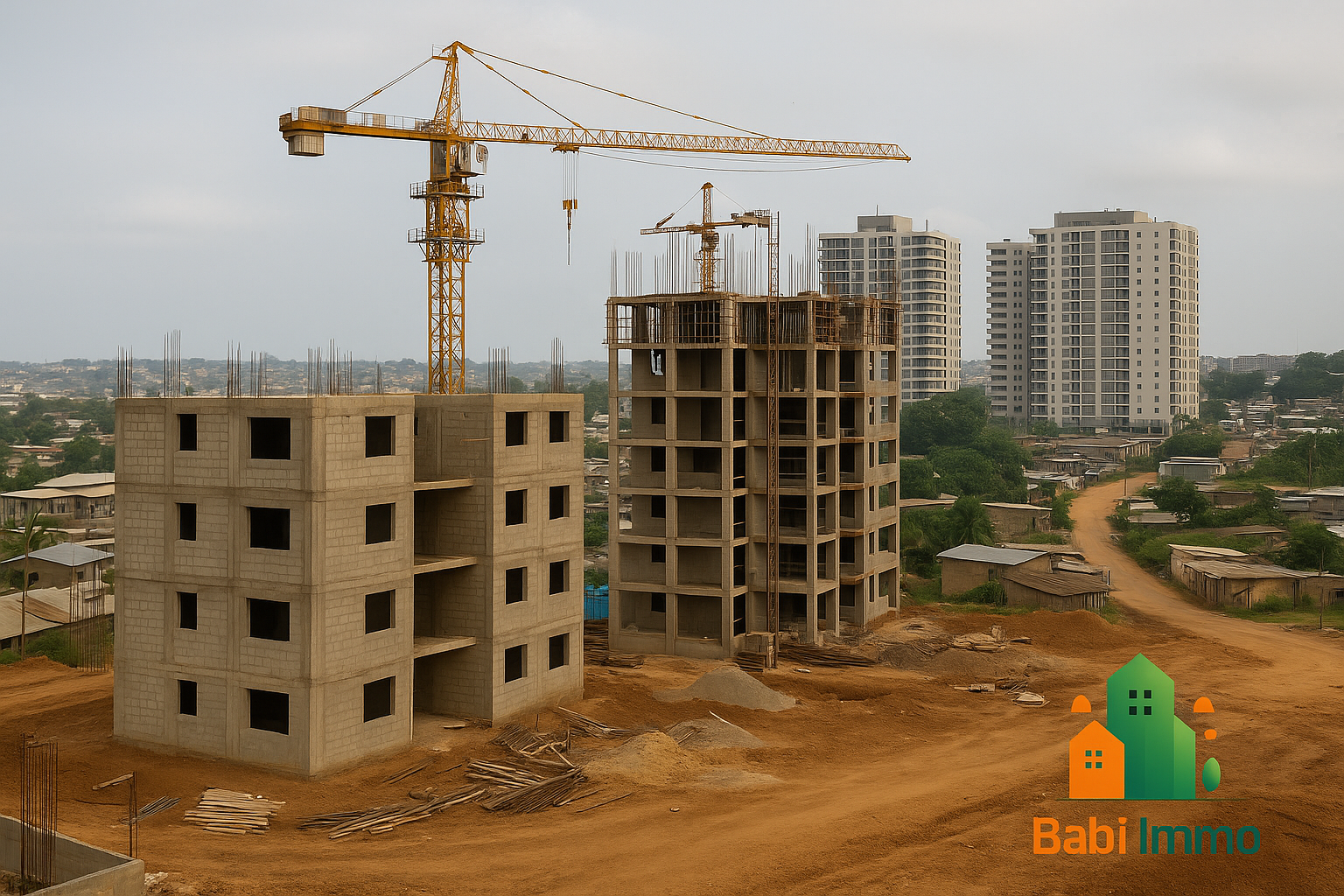 Chantier de logements en construction à Abidjan illustrant la pénurie de logements en Côte d’Ivoire en 2025