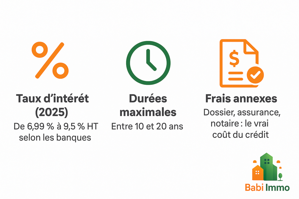 Infographie simple présentant les données clés du crédit immobilier en Côte d’Ivoire en 2025 : taux de 6,99 % à 9,5 %, durées de 10 à 20 ans, frais annexes (dossier, assurance, notaire).
