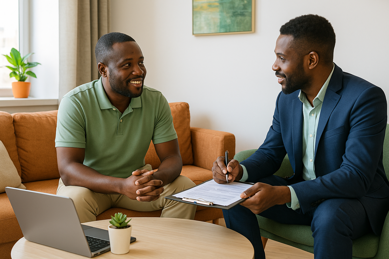 Un propriétaire ivoirien échange avec un agent immobilier dans un appartement meublé à Abidjan
