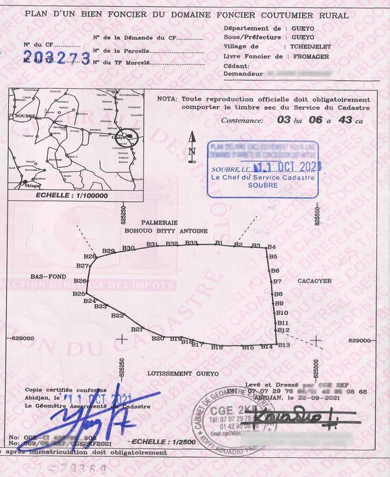 Document foncier ivoirien montrant un extrait de plan cadastral avec mentions officielles