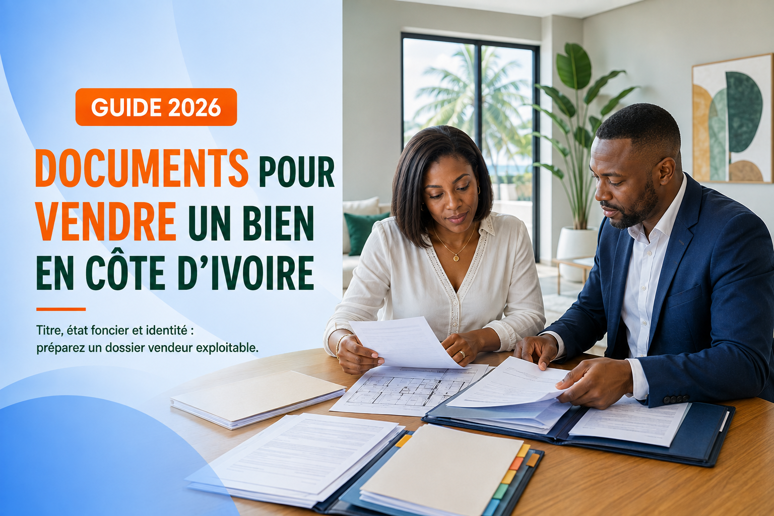 Propriétaire ivoirienne classant les documents nécessaires à la vente de son bien en Côte d’Ivoire