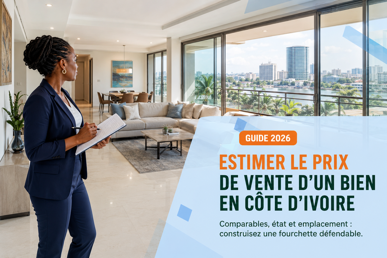 Professionnelle ivoirienne évaluant un appartement avant sa mise en vente en Côte d’Ivoire