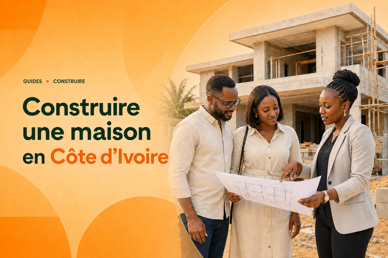 Couple ivoirien consultant les plans d’une maison avec une professionnelle devant un chantier en Côte d’Ivoire