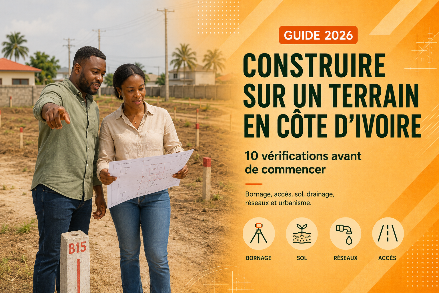 Couple sur un terrain à bâtir en Côte d’Ivoire vérifiant un plan avant de commencer la construction
