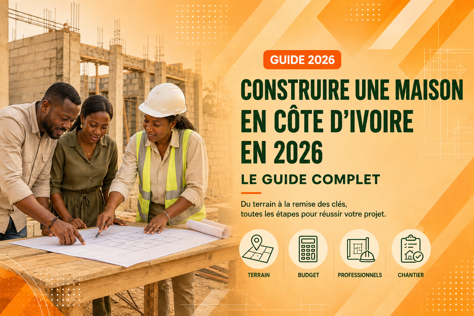 Couple ivoirien avec un architecte préparant la construction d’une maison en Côte d’Ivoire