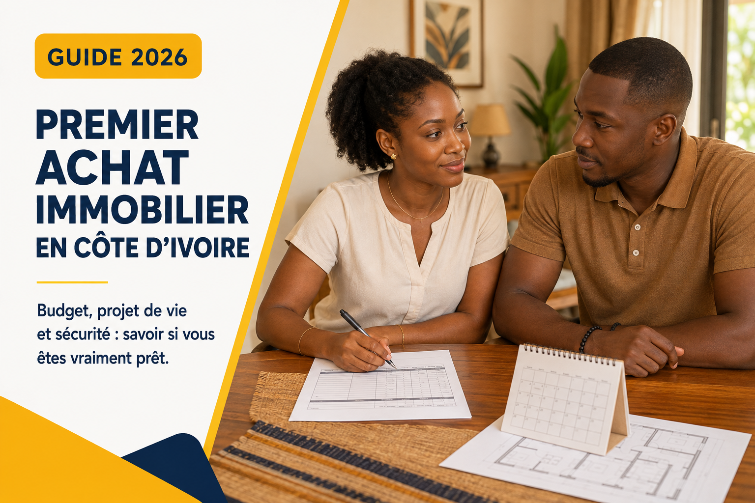 Jeune couple ivoirien préparant le budget et le calendrier de son premier achat immobilier