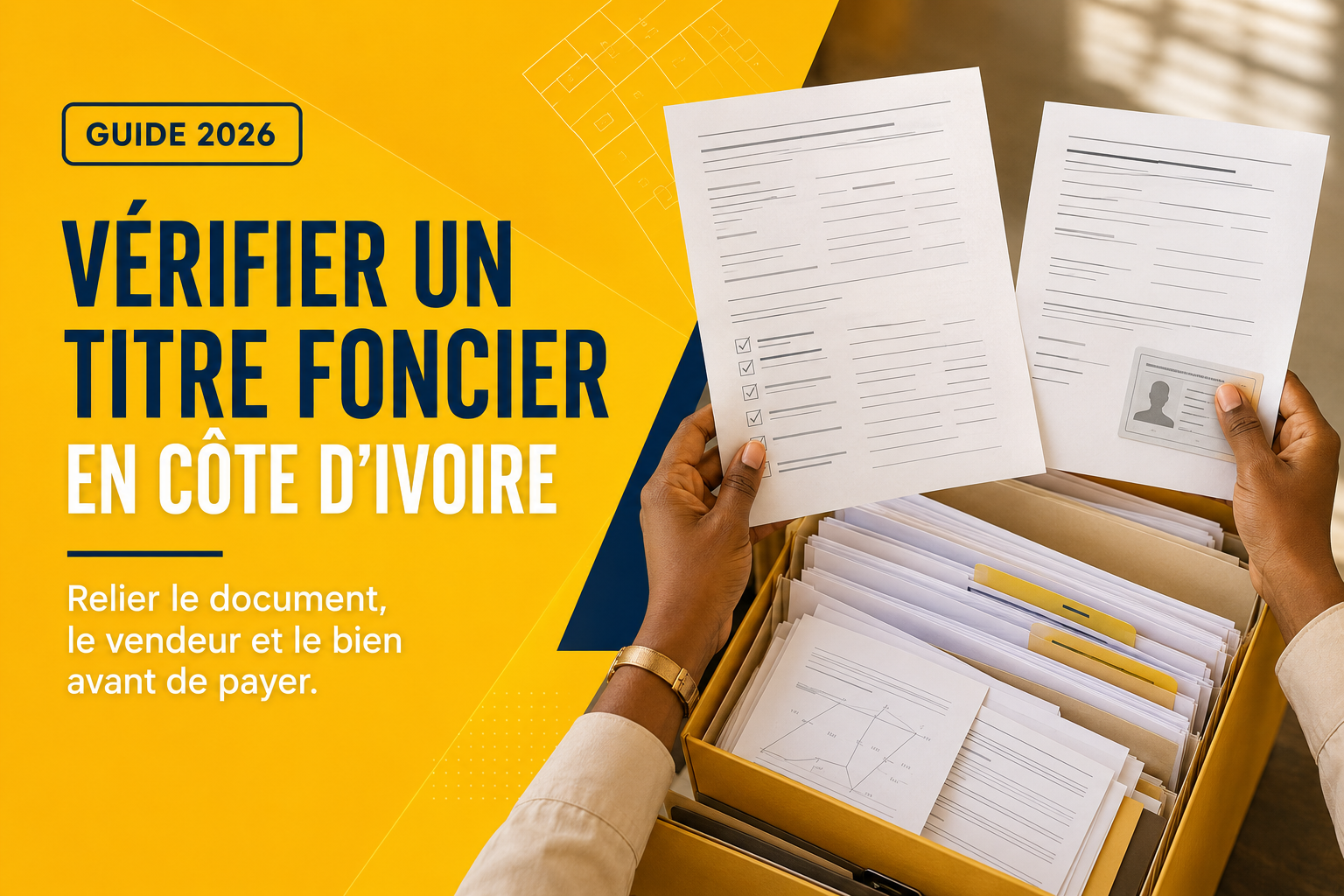 Professionnelle ivoirienne vérifiant un titre foncier et le plan d’une parcelle avant un achat