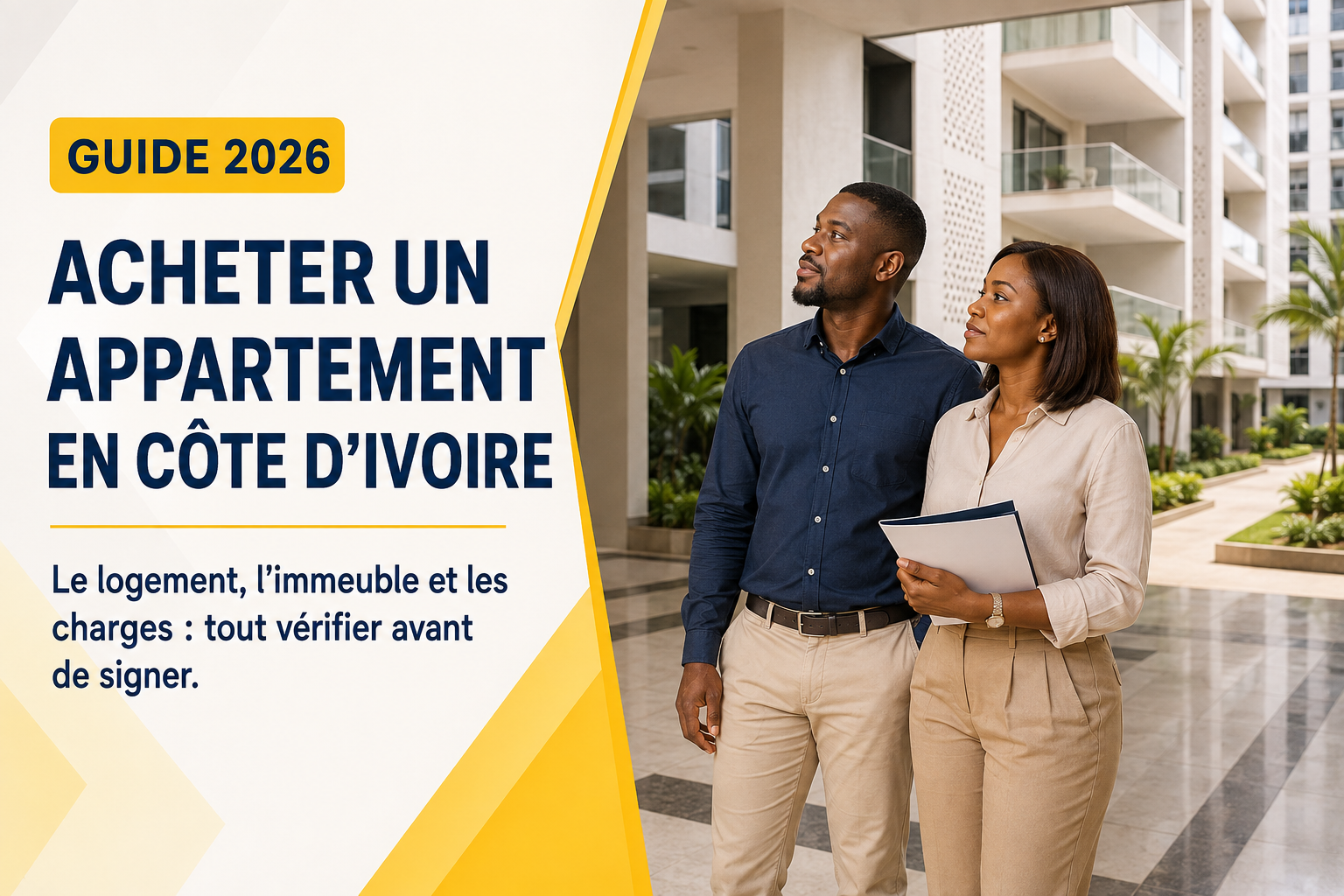 Couple ivoirien visitant les parties communes d’un immeuble avant d’acheter un appartement