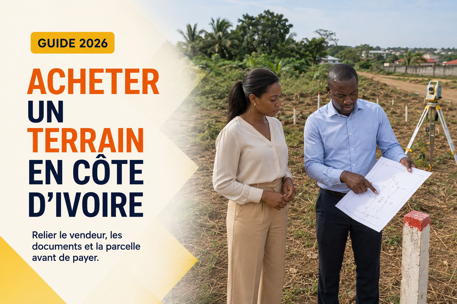Acheteuse ivoirienne vérifiant les limites d’un terrain avec un géomètre en Côte d’Ivoire