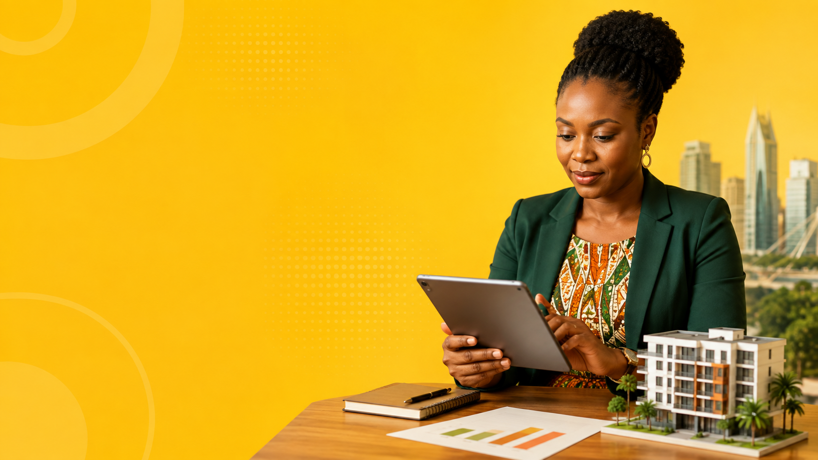 Professionnelle ivoirienne consultant l’actualité immobilière en Côte d’Ivoire sur une tablette