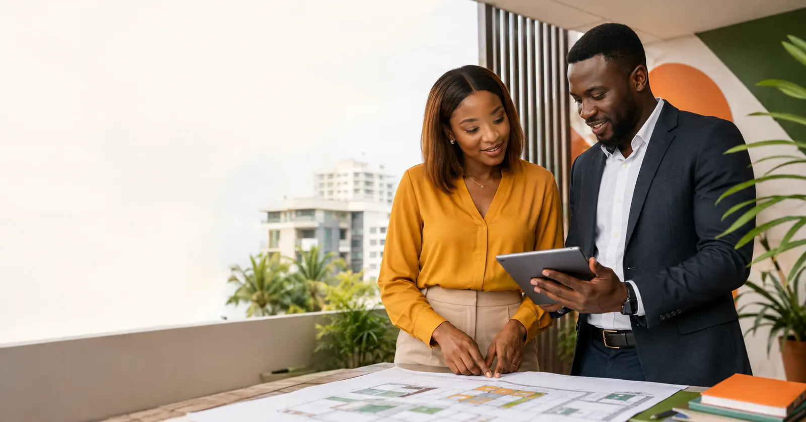 Deux professionnels ivoiriens étudiant ensemble un projet immobilier à Abidjan