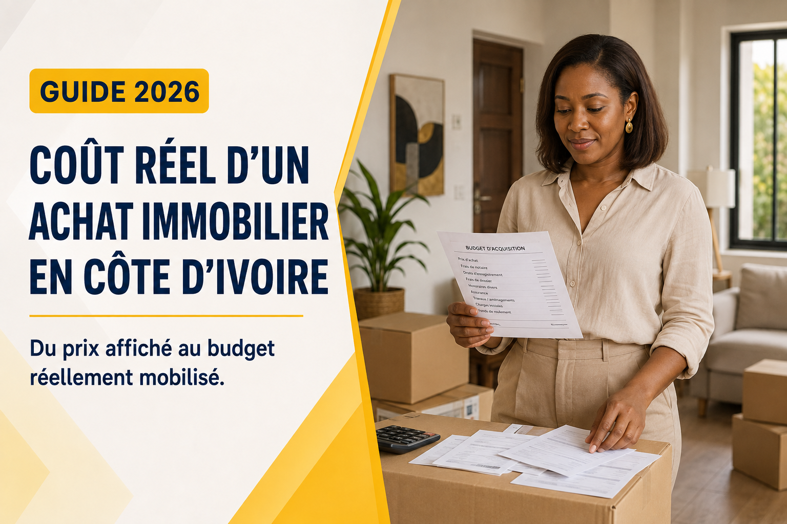 Acheteuse ivoirienne calculant le budget réel de son acquisition immobilière