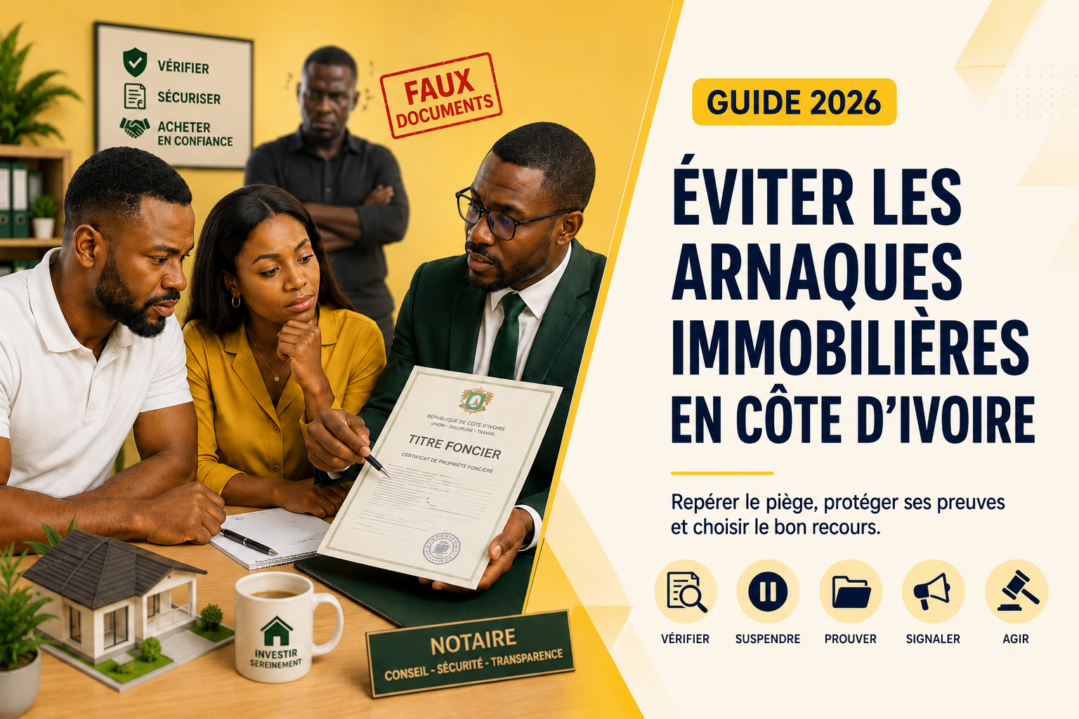 Couple ivoirien examinant le dossier d’un bien avec un professionnel avant de payer