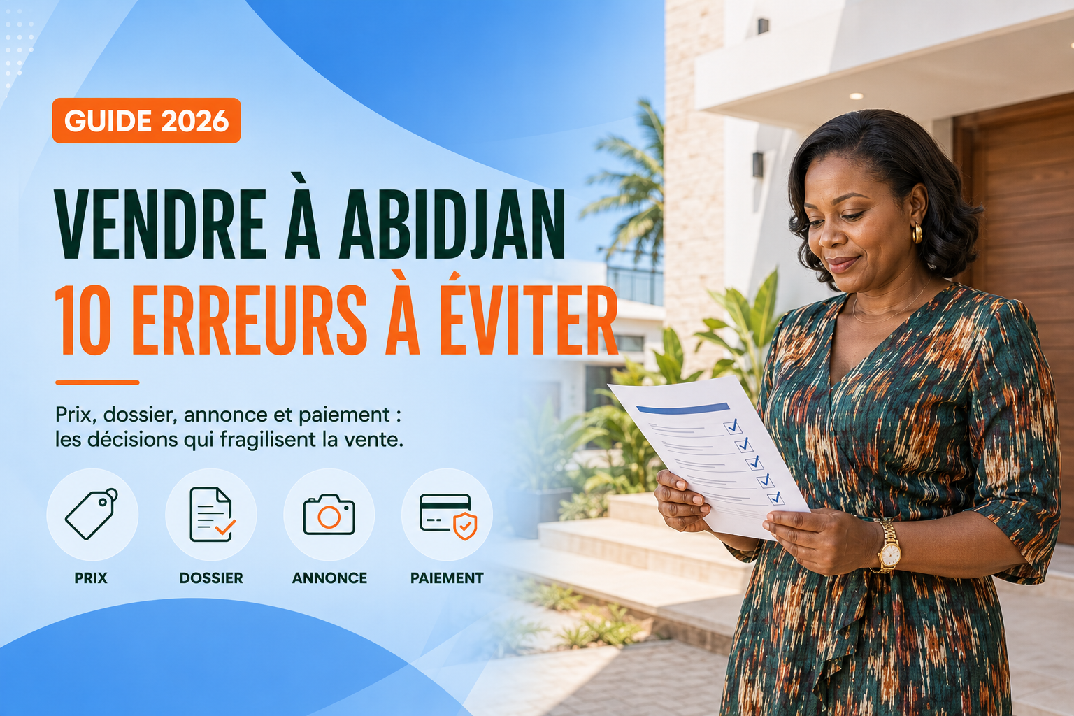 Propriétaire ivoirienne consultant une checklist des erreurs à éviter avant de vendre son bien à Abidjan