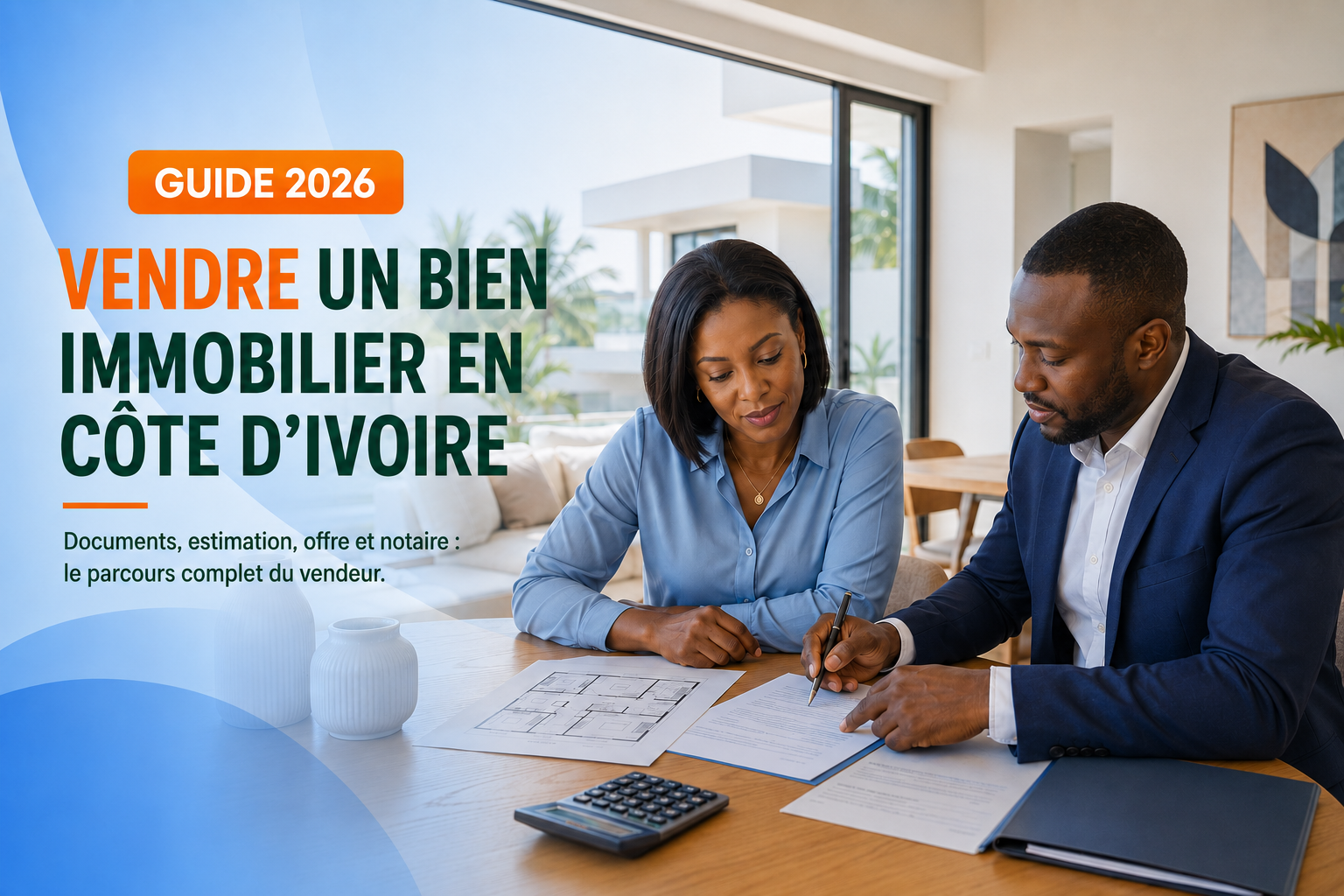 Propriétaire ivoirienne et conseiller examinant un dossier de vente immobilière en Côte d’Ivoire