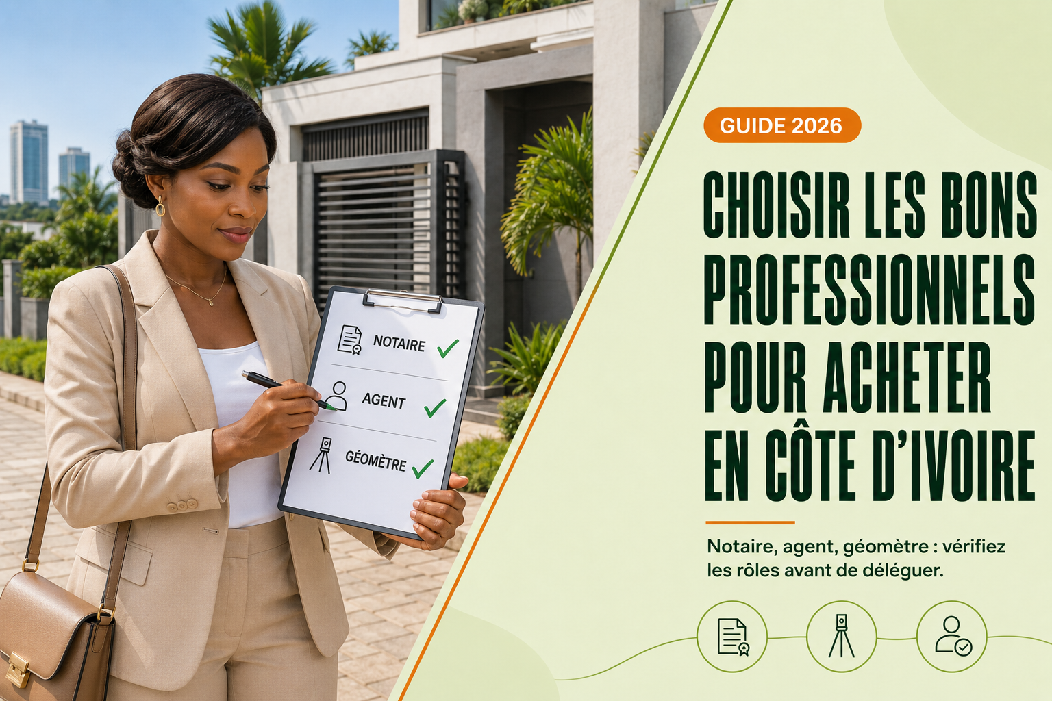 Acheteuse ivoirienne contrôlant un dossier avec un professionnel immobilier devant une résidence en Côte d’Ivoire