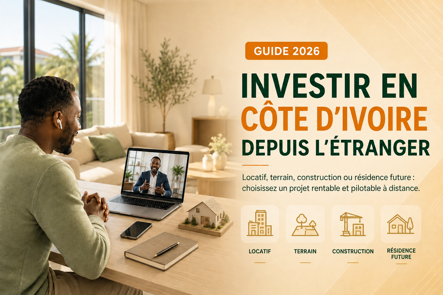 Homme vivant à l’étranger en visioconférence pour préparer un investissement immobilier en Côte d’Ivoire
