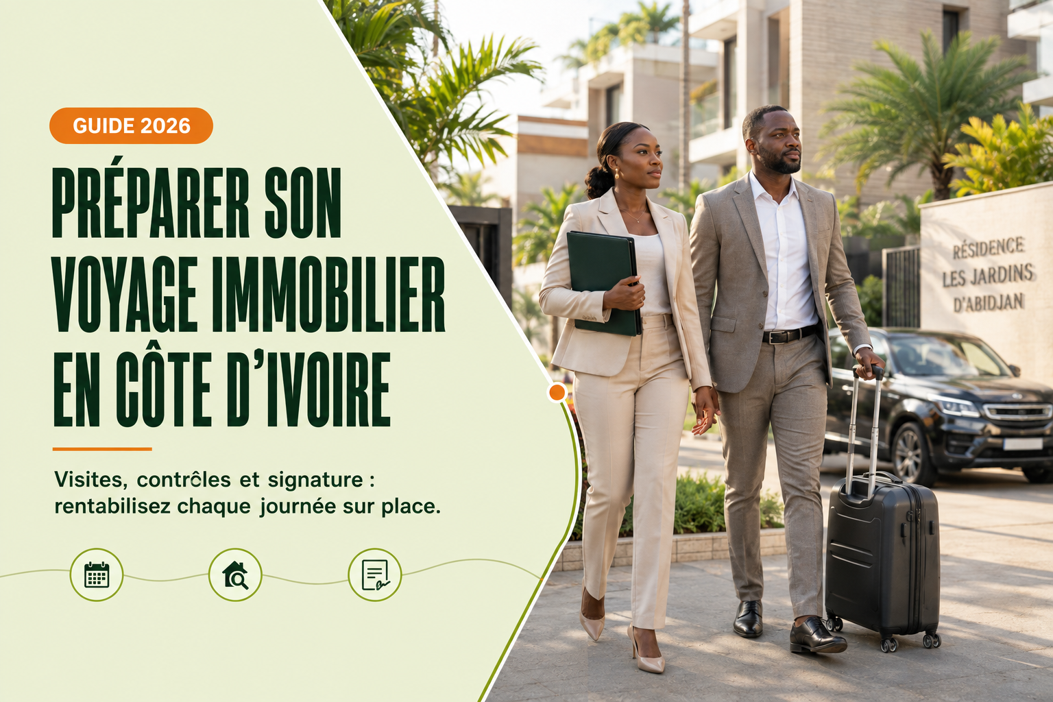 Couple ivoirien arrivant dans une résidence à Abidjan pour effectuer des visites et vérifications immobilières