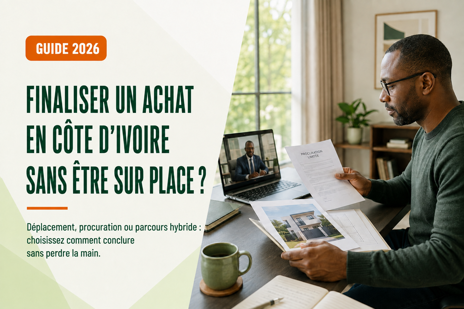 Acheteur préparant avec un notaire la finalisation d’un achat immobilier en Côte d’Ivoire depuis l’étranger