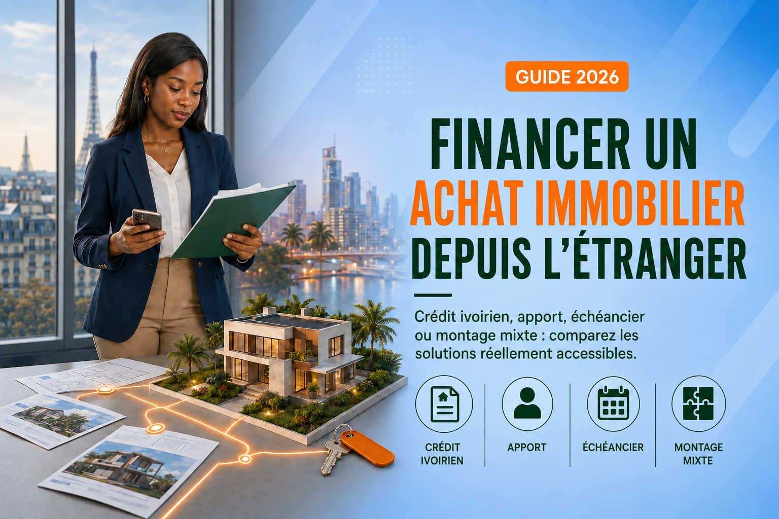 Professionnelle ivoirienne comparant les solutions pour financer un achat immobilier en Côte d’Ivoire depuis l’étranger